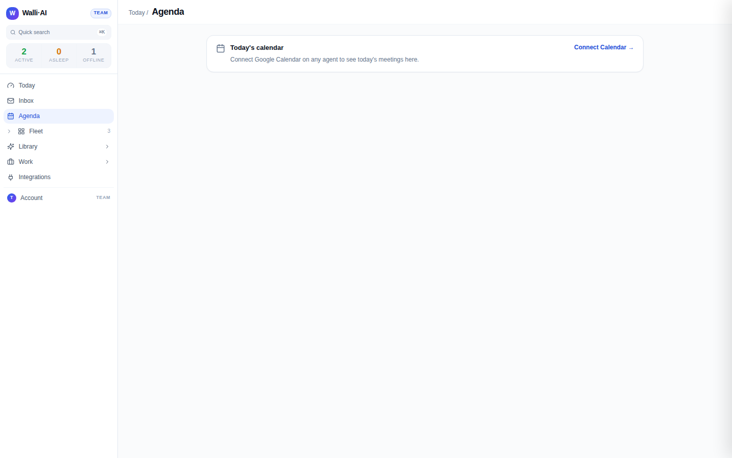 The Agenda page before a calendar is connected, showing the Connect Calendar prompt