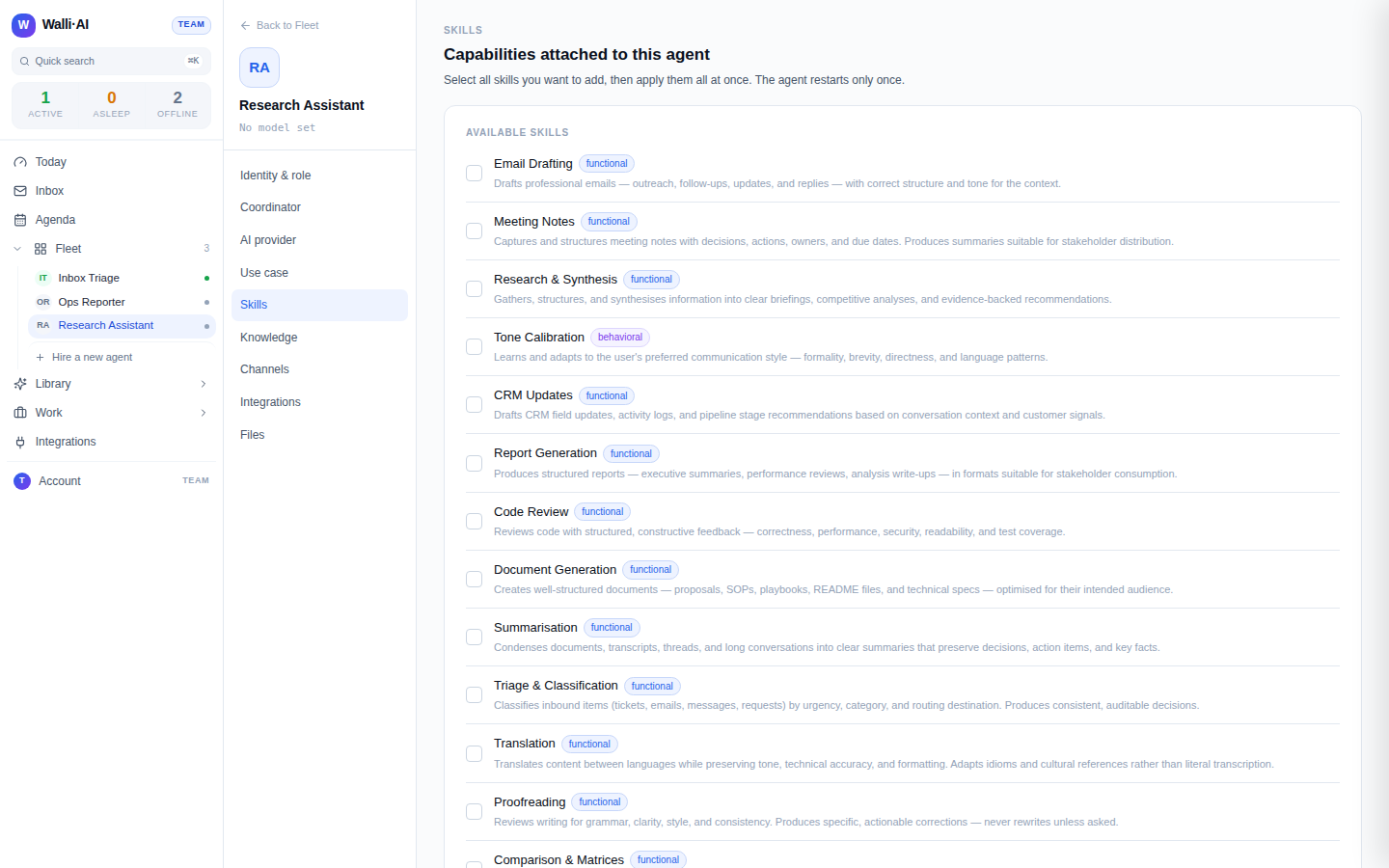The Skills configure screen with active and available skills