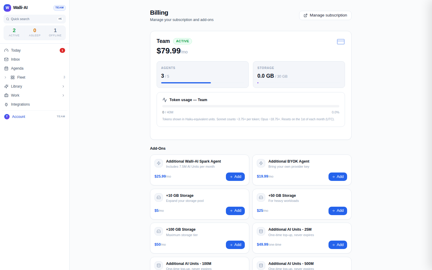 The full Billing page: current plan, meters, and add-ons