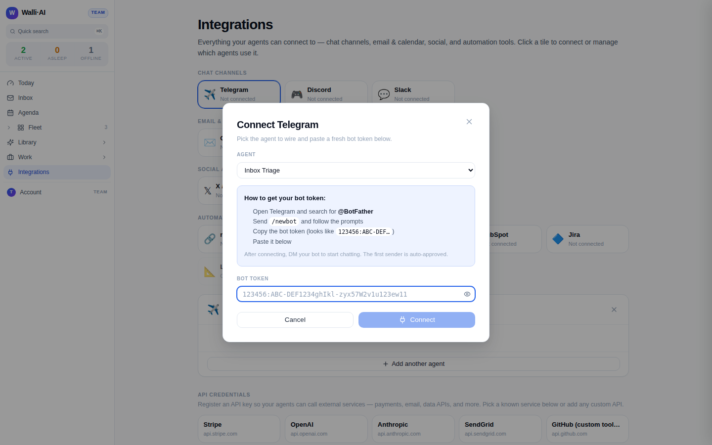 The chat channel tiles and the Telegram or Discord setup modal