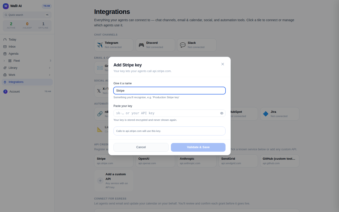 The Validate and Save credential modal for a catalog service