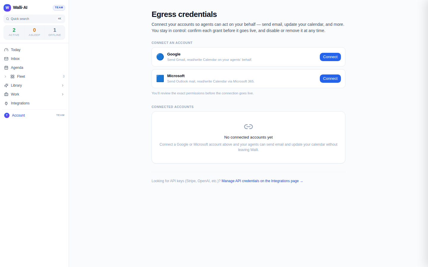 The Egress credentials settings page listing connected accounts