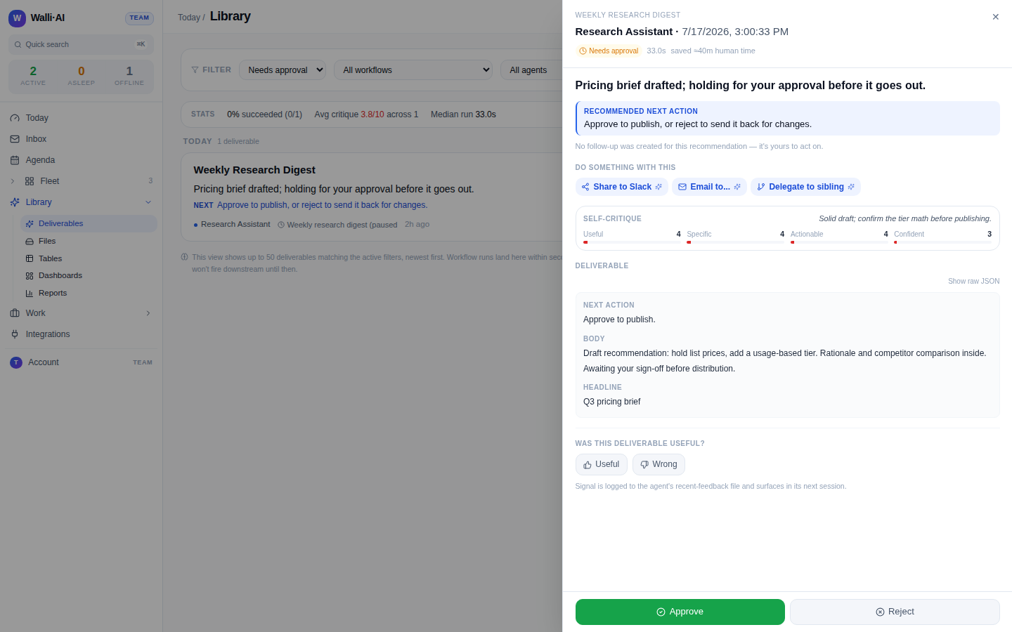 A deliverable open in the detail panel with approve, reject, and rating actions
