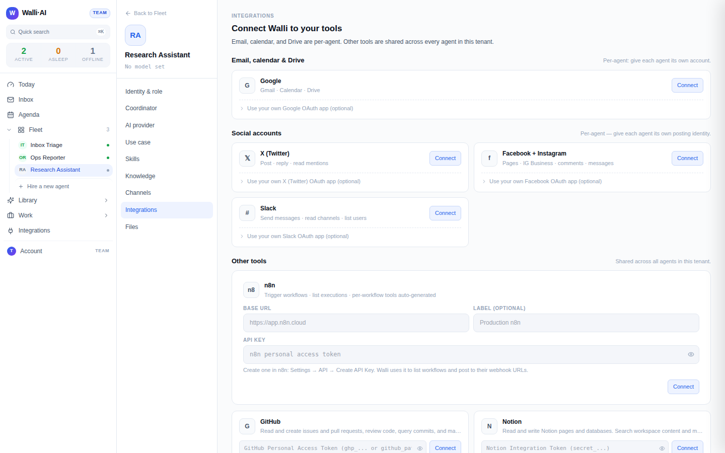 The per-agent Google card in its not-connected state