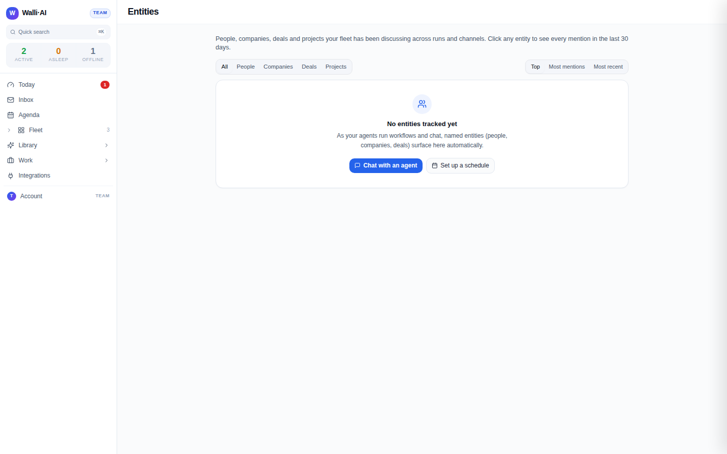 The Entities page with type filter tabs, a sort toggle, and the empty state before any entities have been tracked