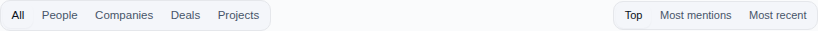 The filter tabs (All, People, Companies, Deals, Projects) and the sort toggle (Top, Most mentions, Most recent)