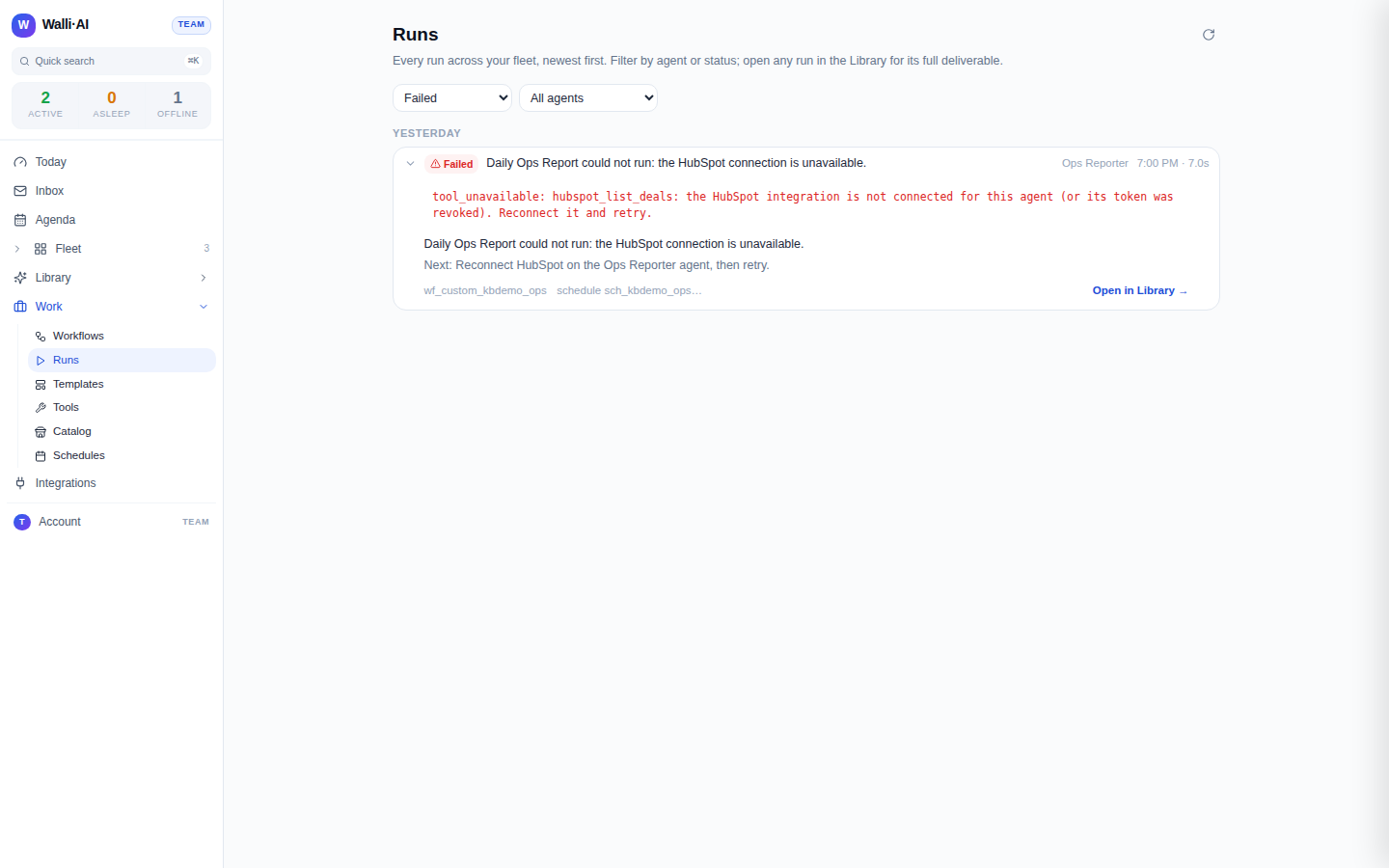 A failed run expanded in the Runs explorer, showing the raw error