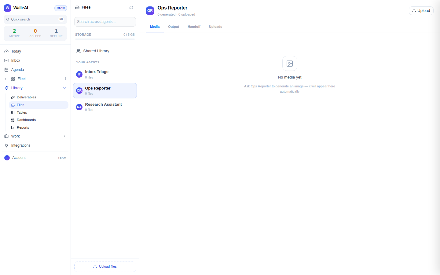 The Files screen: agent rail, storage meter, and an agent's four file tabs