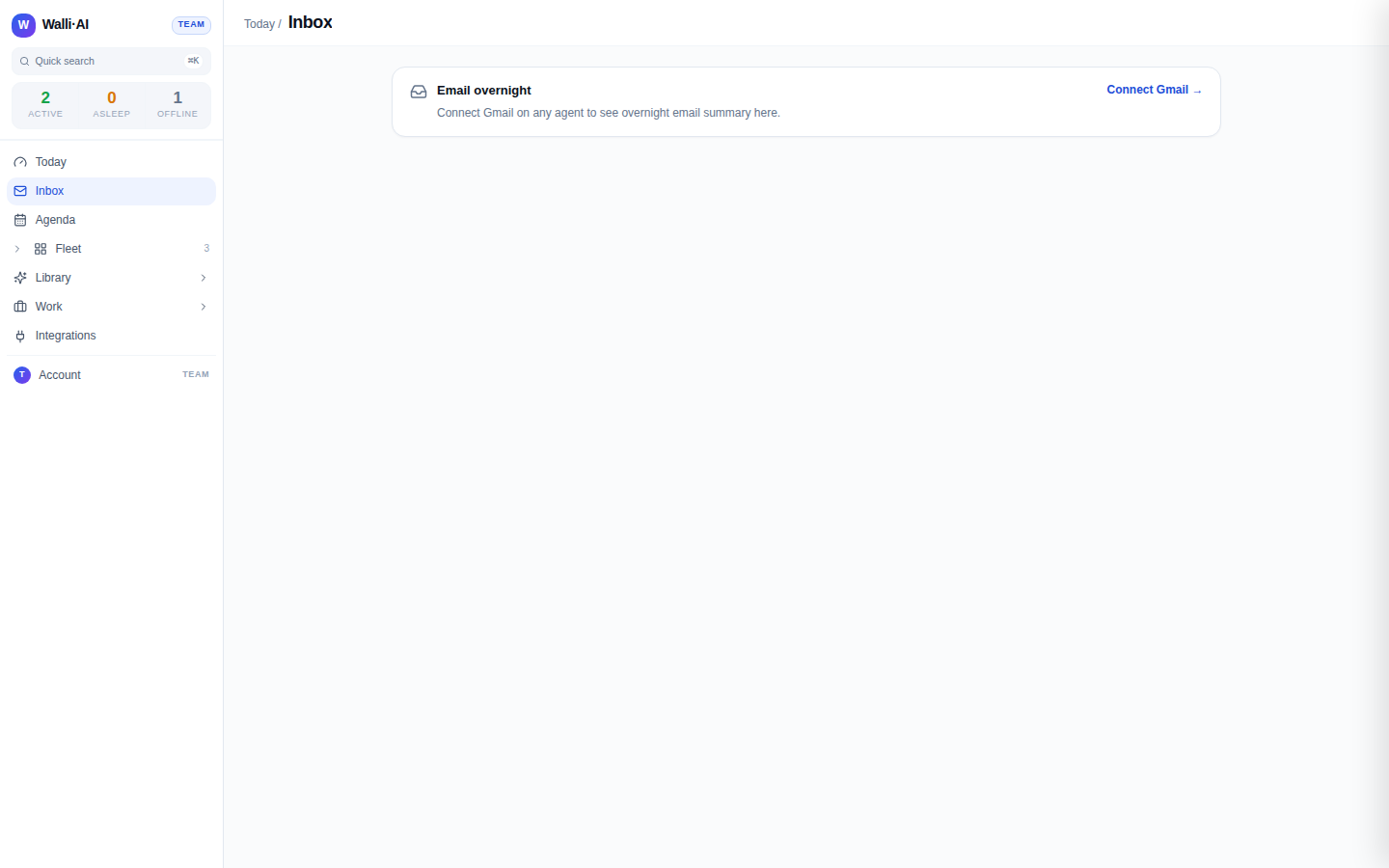 The Inbox page before a mailbox is connected, showing the Connect Gmail prompt