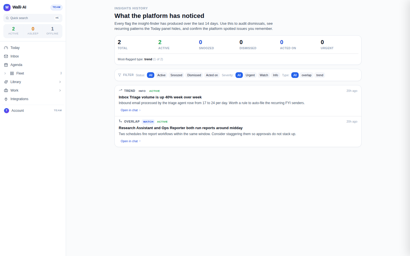 The Insights history page with the stats card, filters, and insight rows