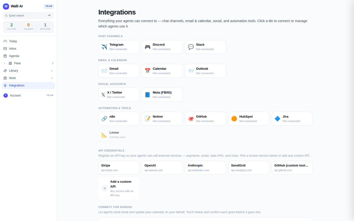 The Integrations hub grid grouped into chat channels, email and calendar, social, and automation tools