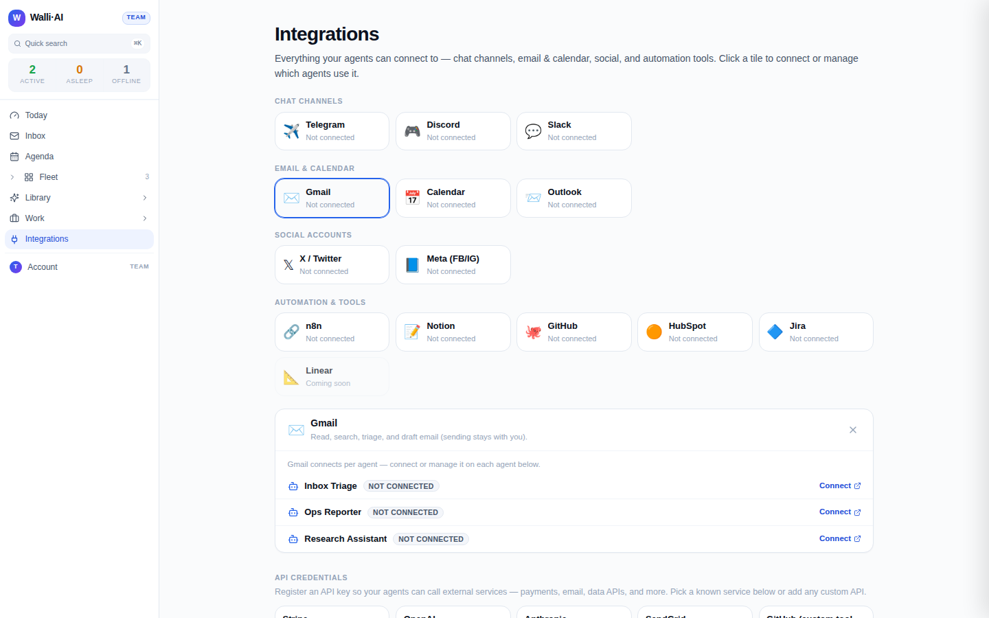 A tile detail panel listing configured agents with per-agent connect links