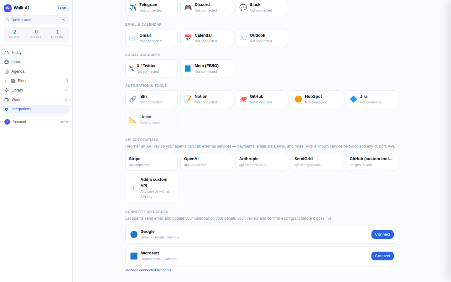 The API credentials catalog and the Connect for egress section