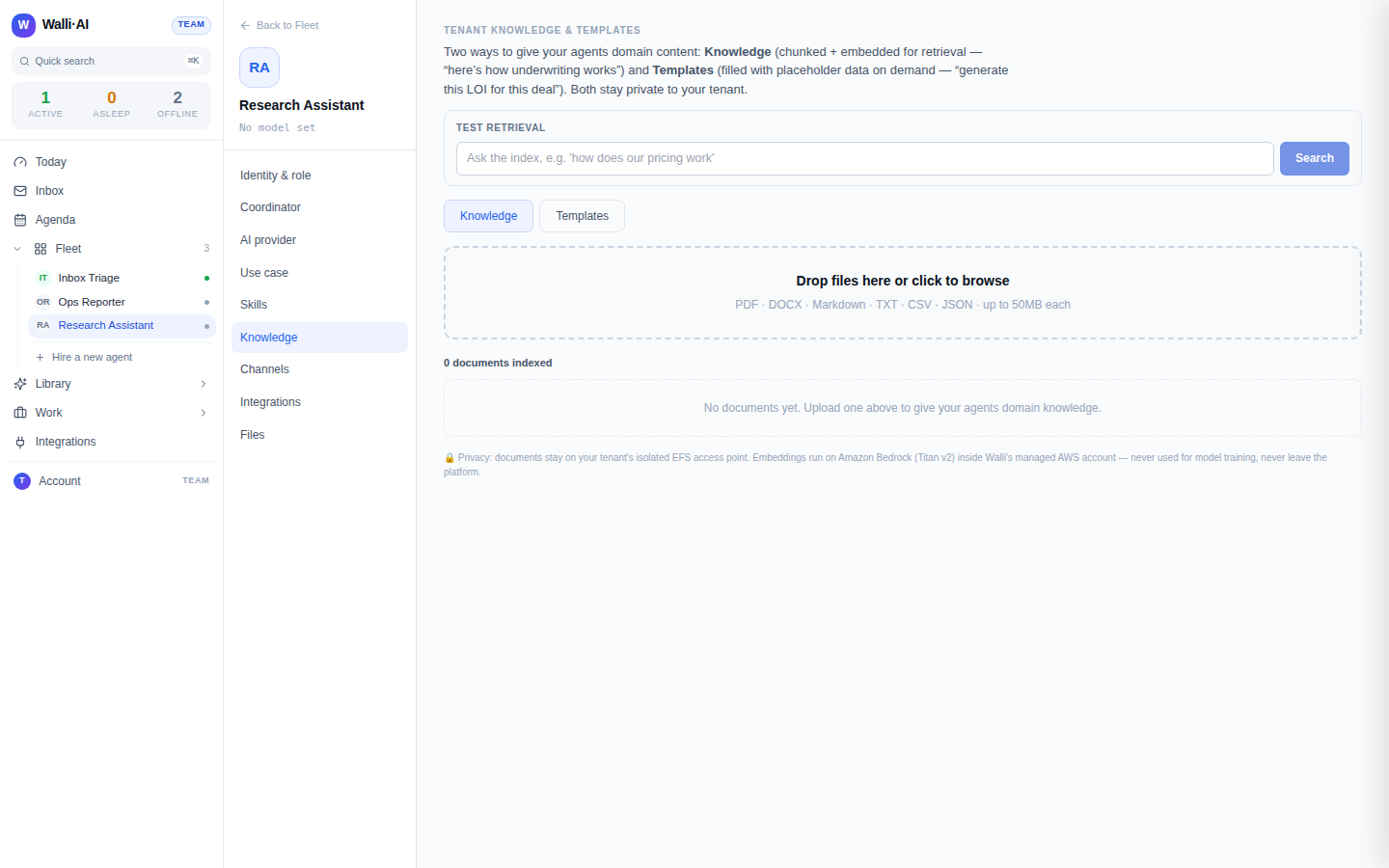 The Knowledge configure screen with the upload area and document list