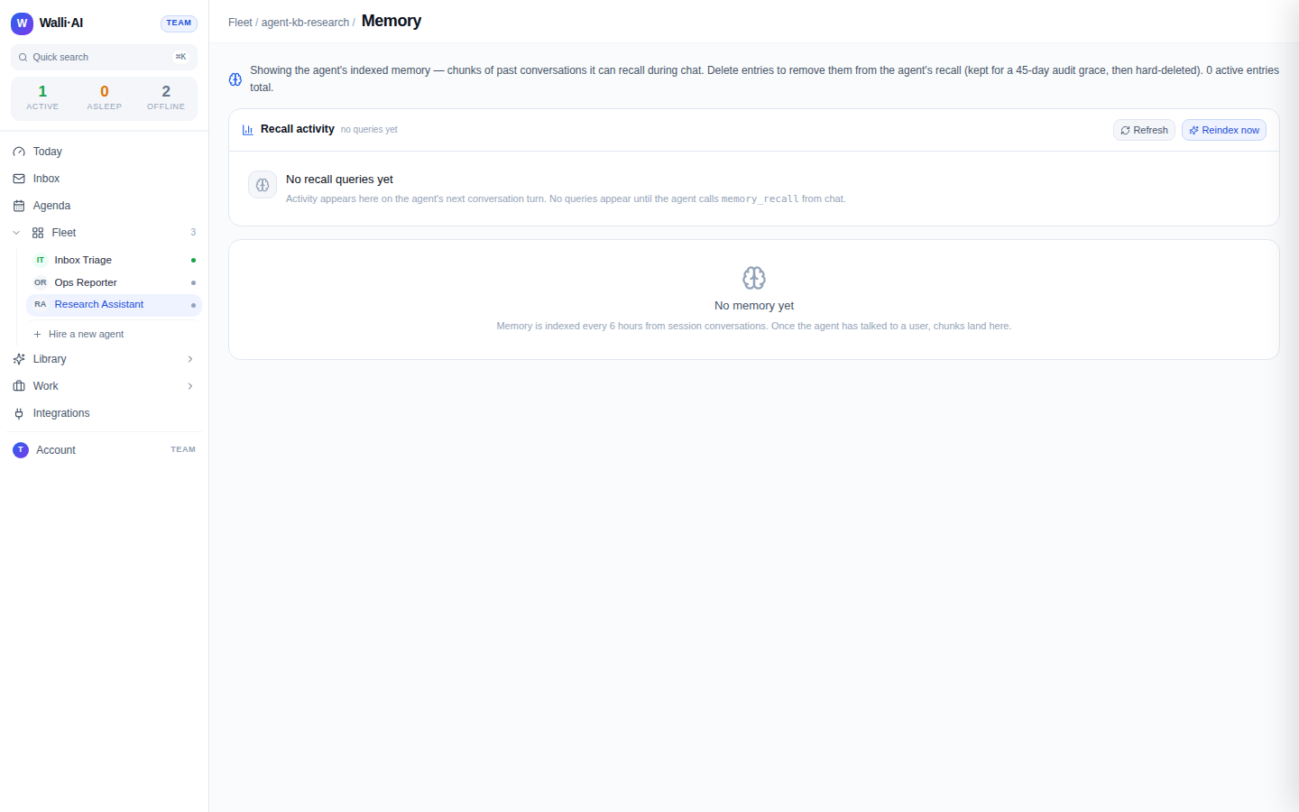 The agent Memory page with its recall activity panel