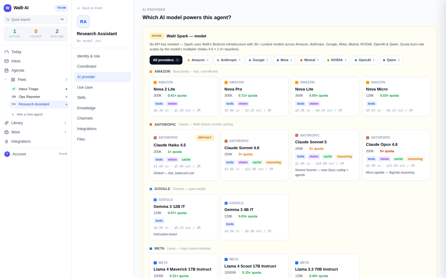 The Spark model catalog picker