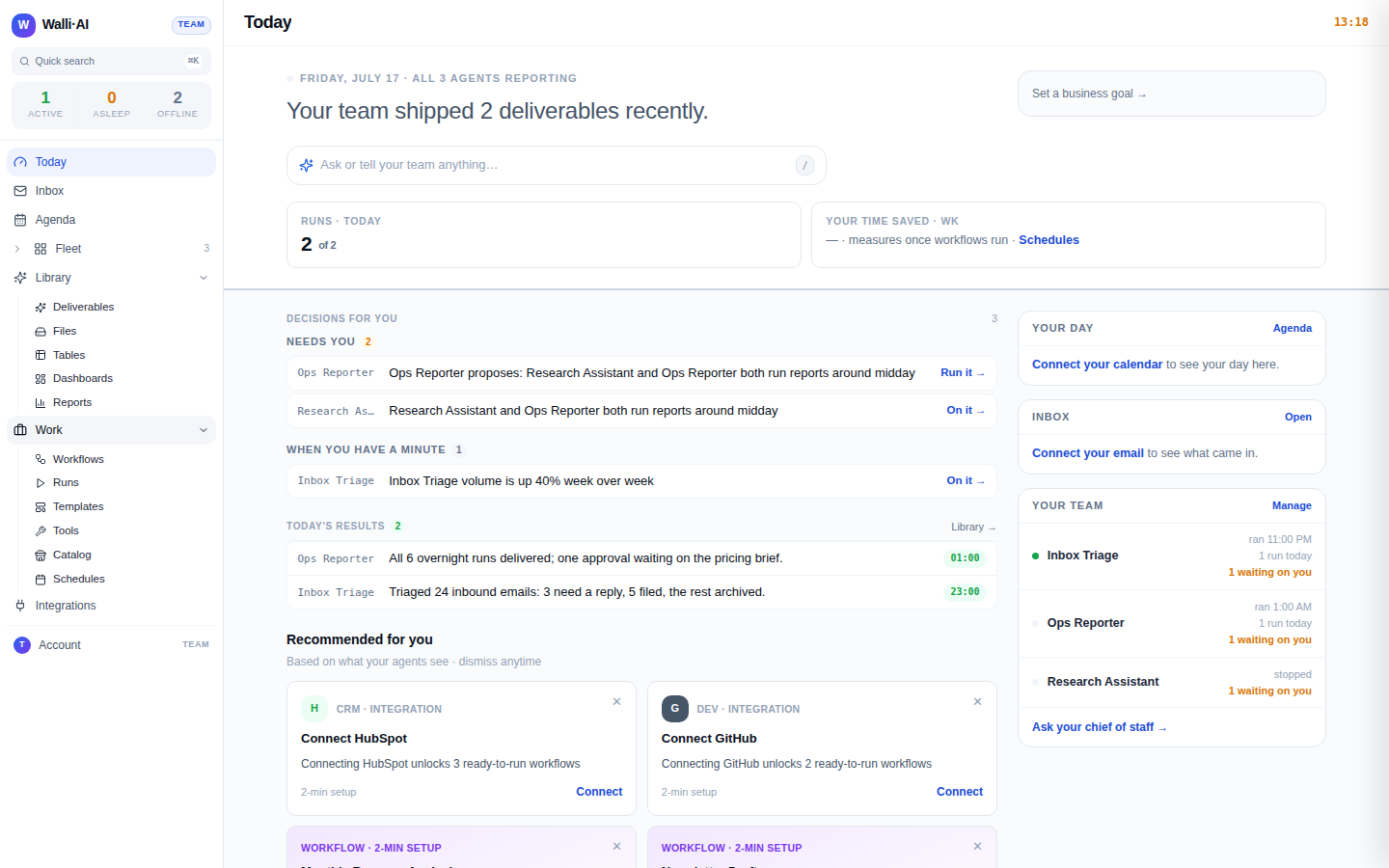 The Walli-AI sidebar with primary navigation and the agent status counts