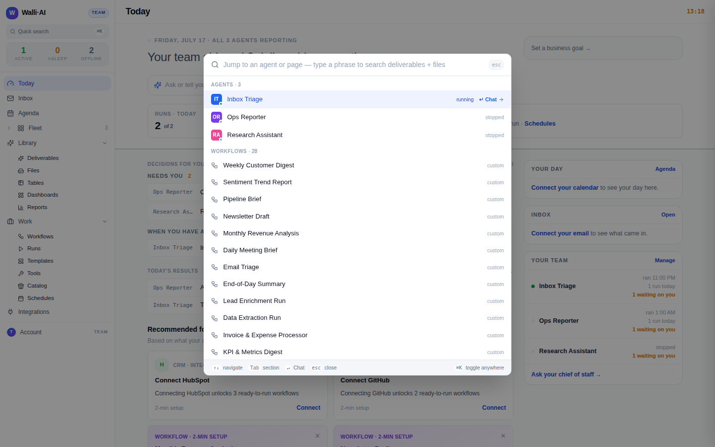 Quick search open, showing recent items, agents, workflows, actions, and pages