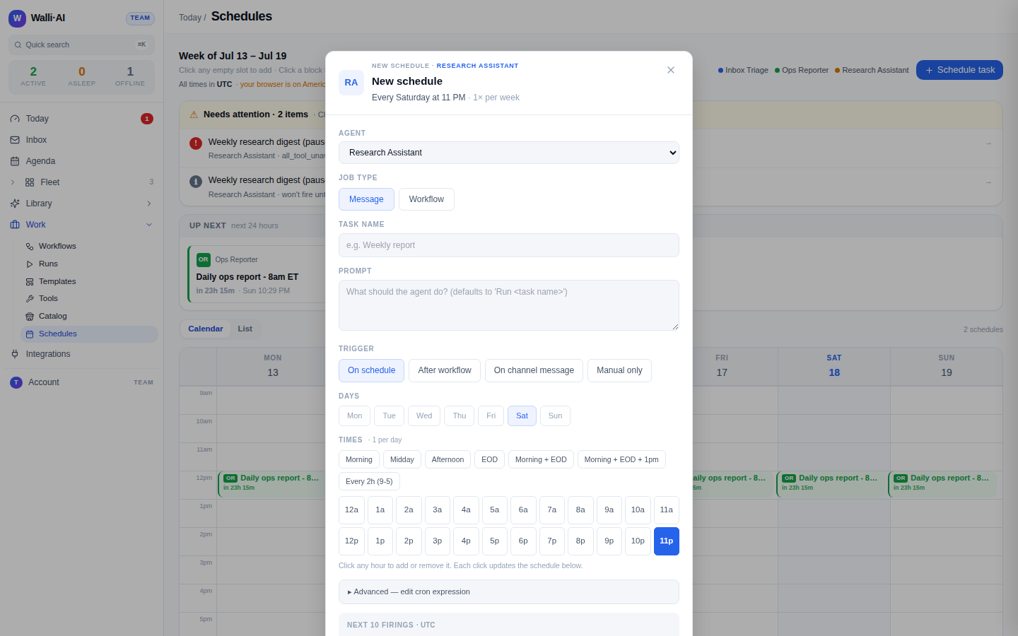 The schedule dialog, where you pick the agent, the days, and a morning time in your timezone