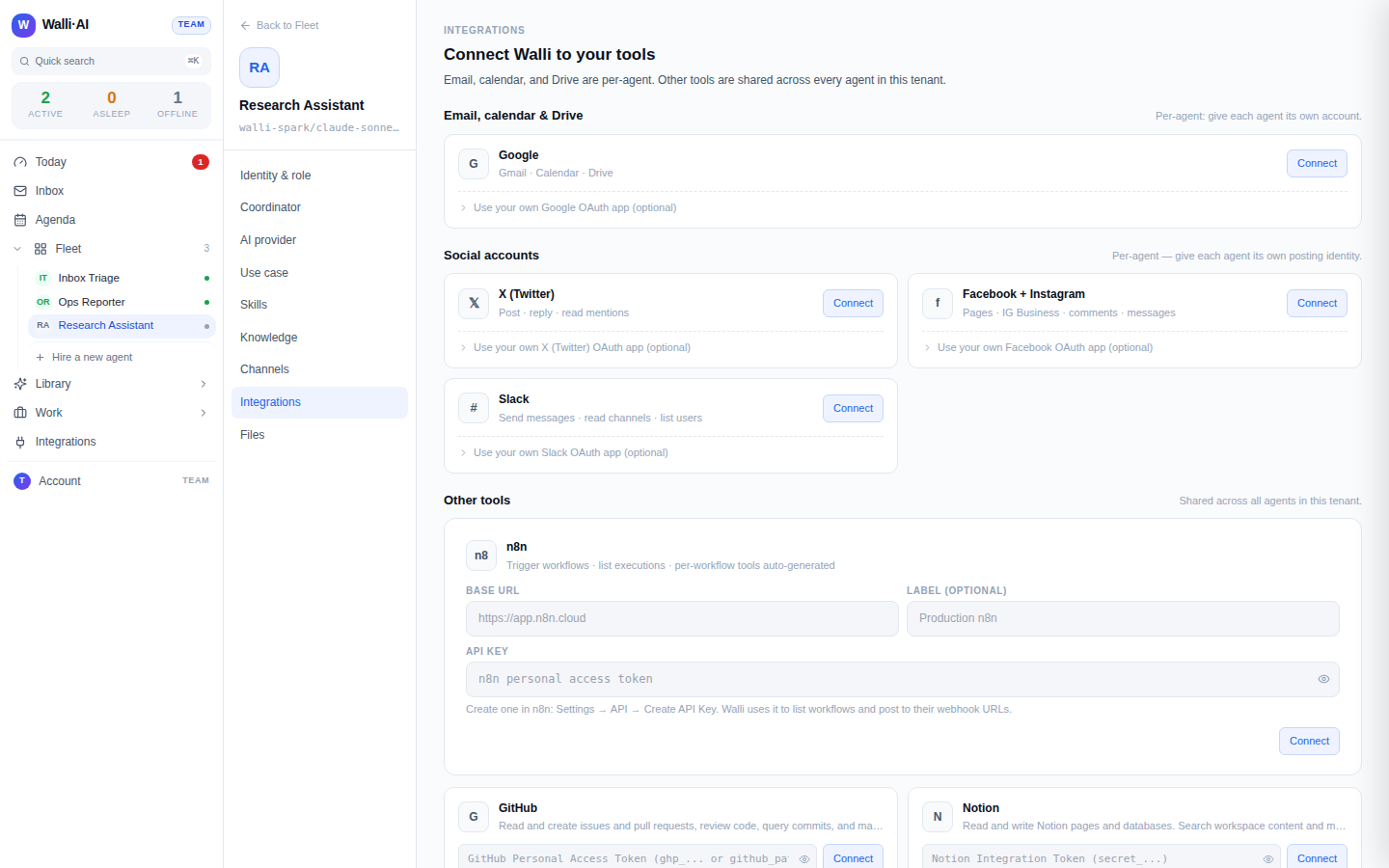 The demo workspace has no Google account connected yet, so the agent's Google card shows its connect state; a live tenant completes this once