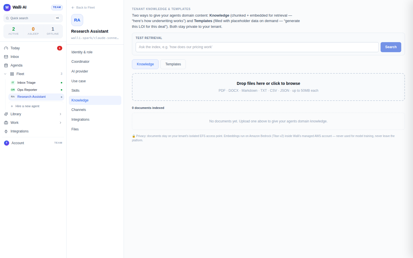 Uploading documentation as the agent's knowledge, searched only within your workspace