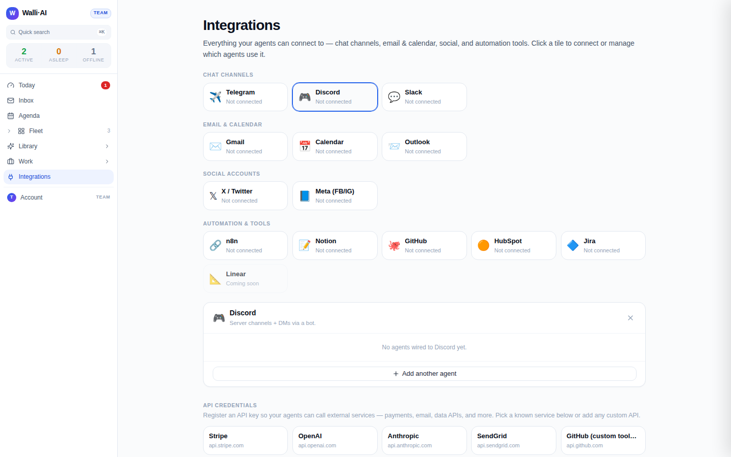 Connecting the agent to a Discord or Slack channel where members reach it; this demo workspace has no channel connected yet, so the tile shows its connect state