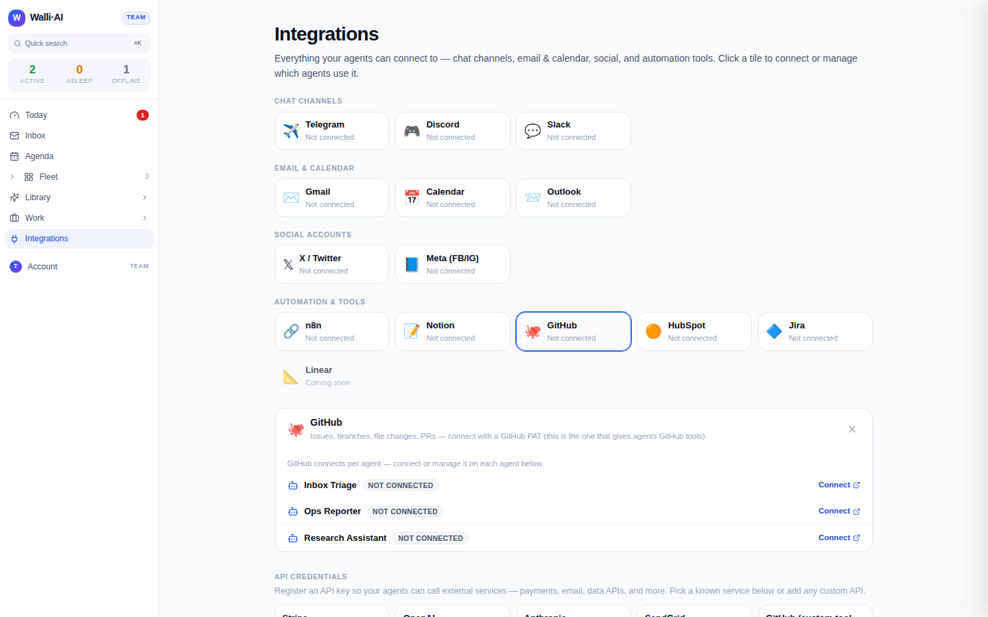 The GitHub integration tile on the hub, showing the per-agent connect controls; this demo workspace has no GitHub account linked yet