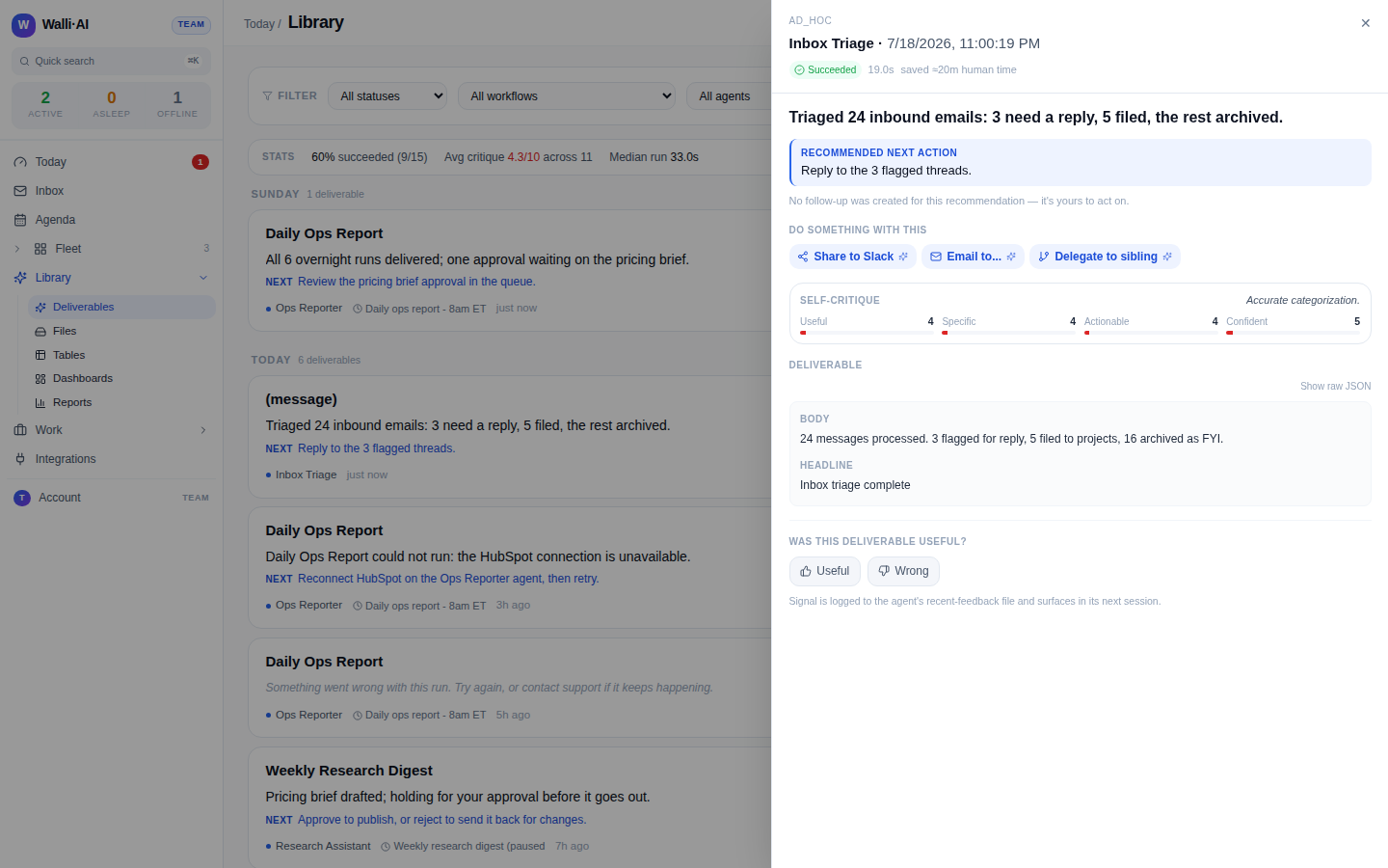 A triage run's brief in the Library: what needs a reply, what was filed, and what was archived