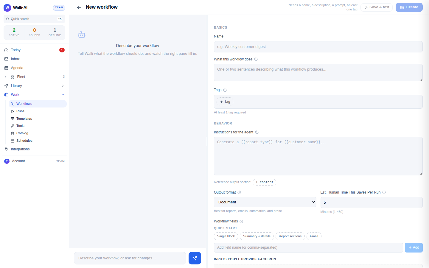 The workflow builder, where you write the prompt and choose the output format an agent hands to the next
