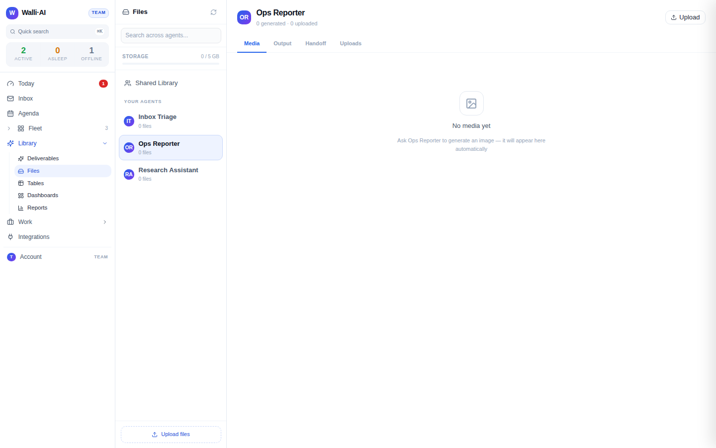 The Files area, where a batch of drafts is saved for review: each agent's Media, Output, Handoff, and Uploads tabs (empty in this demo)
