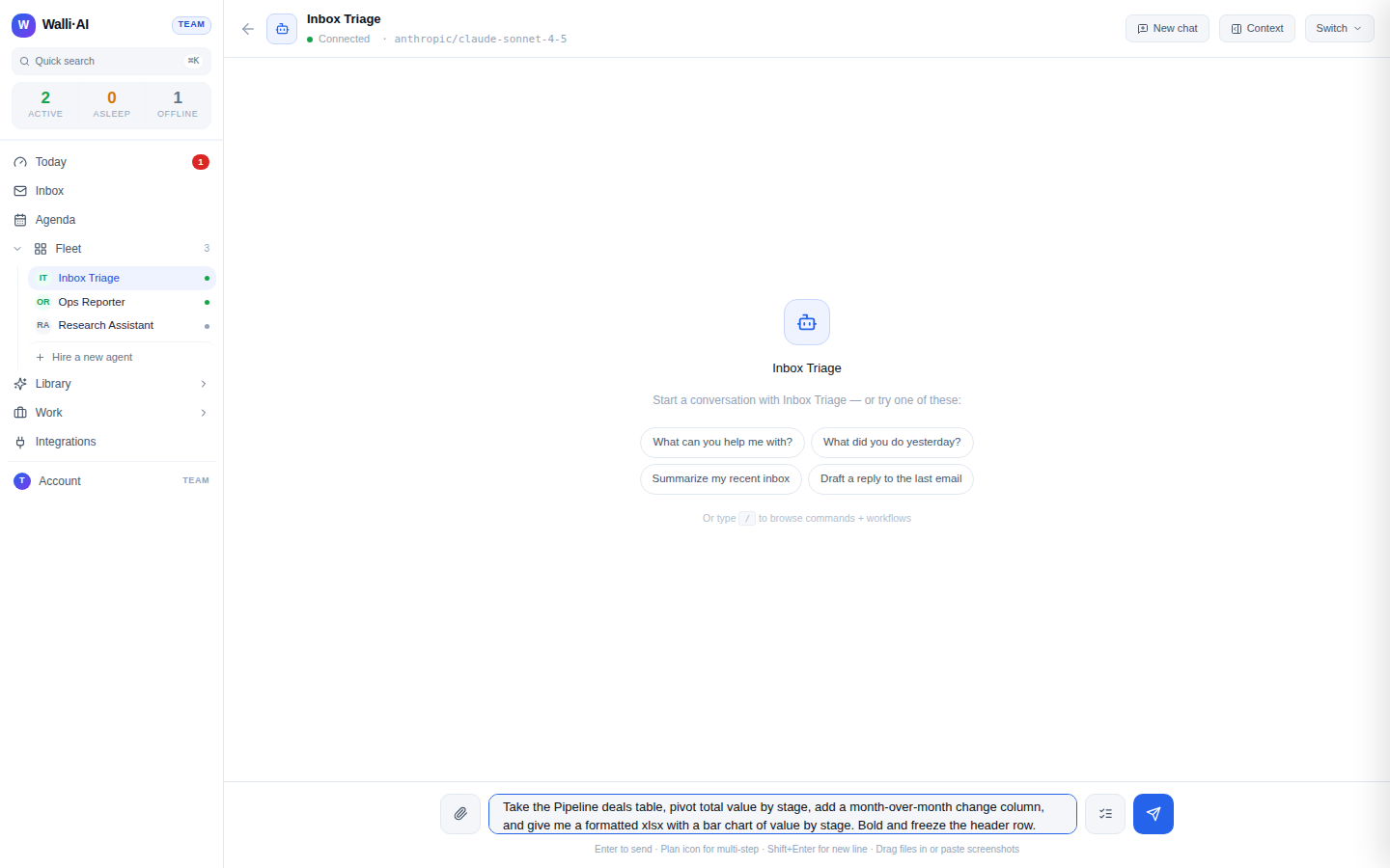 Asking the agent to analyze the table and return a formatted xlsx, in chat