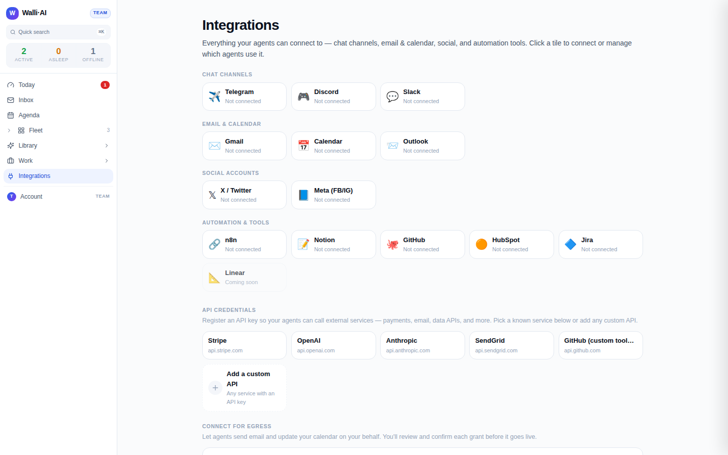 The Integrations page: Slack, Discord, and Telegram chat channels shown in their connect state, none connected in this demo