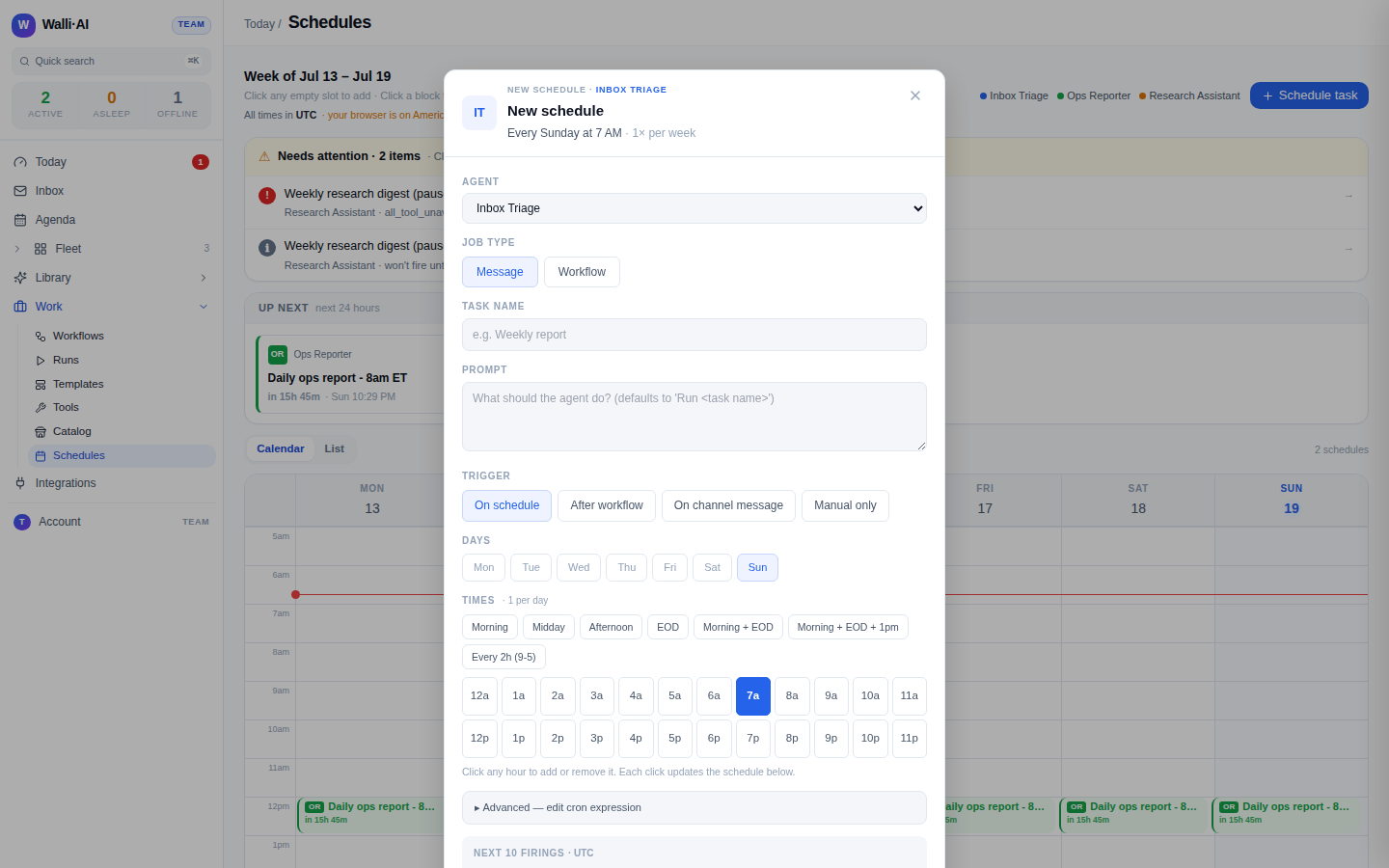 The schedule dialog: the agent, job type, trigger, days, times, and timezone that set how often it runs