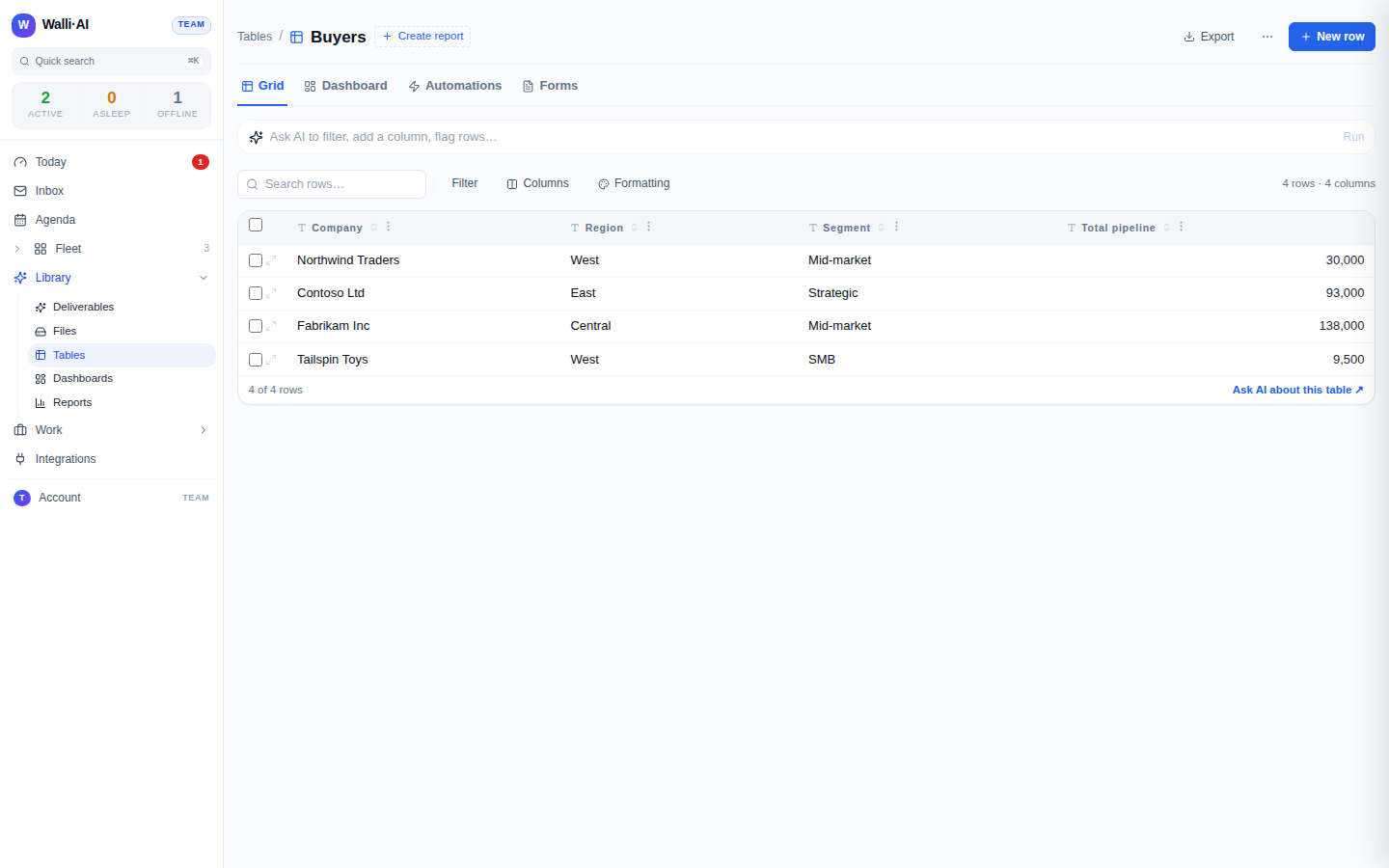 A Tables grid with structured columns and rows: the kind of table an agent inserts a logged request into as a new row