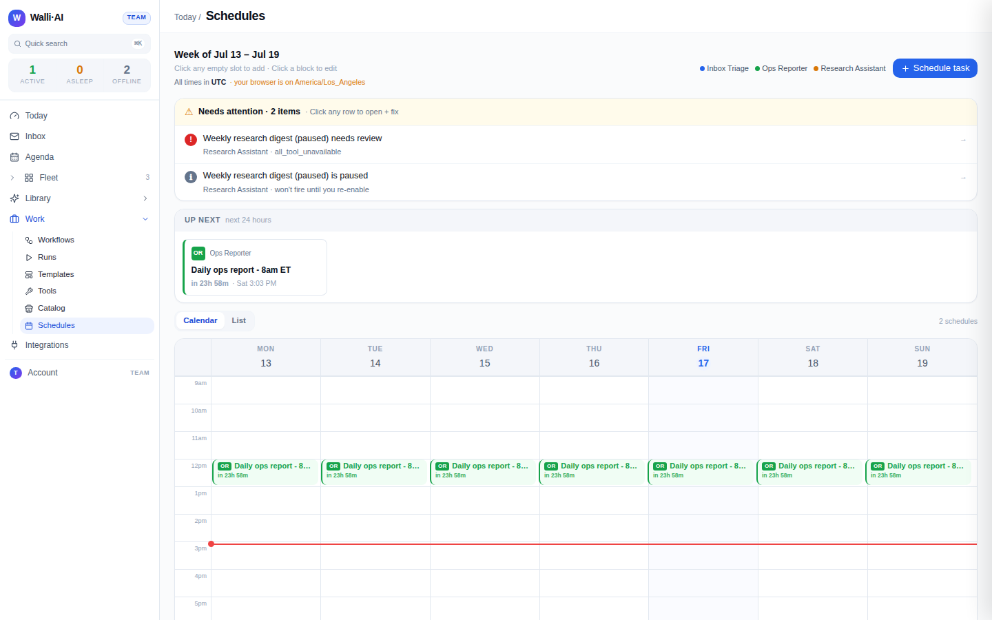 The week calendar with scheduled blocks and the current-time line