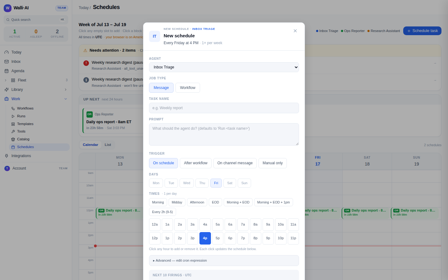 The schedule dialog: agent, job type, workflow, and task name