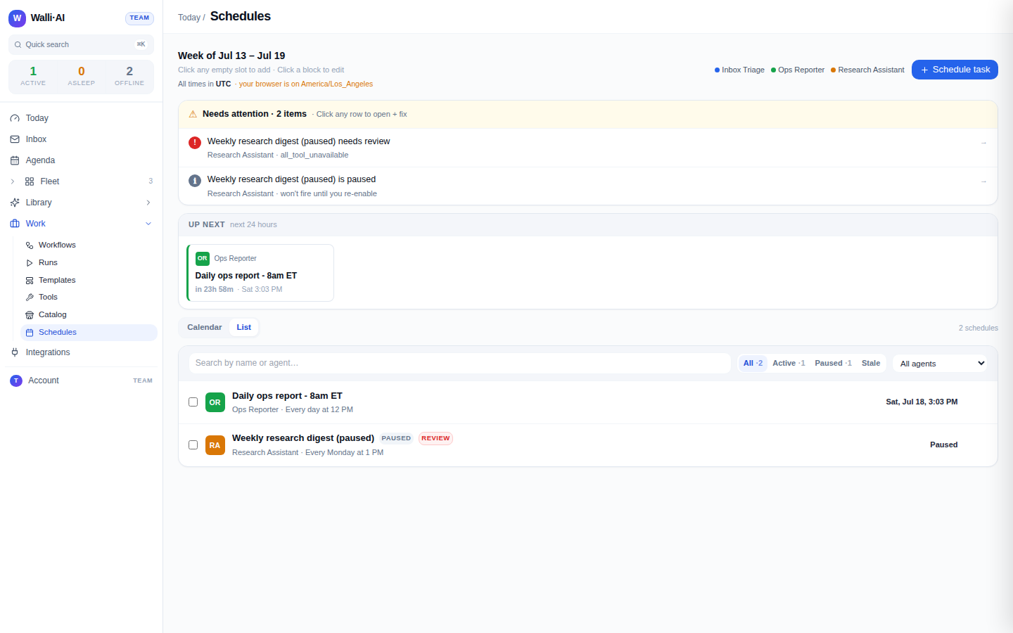 The list view with status filters, health badges, and inline pause/resume