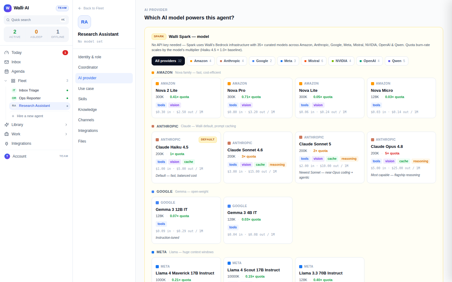 The agent model picker showing the managed Walli-AI Spark option alongside bring-your-own-key providers