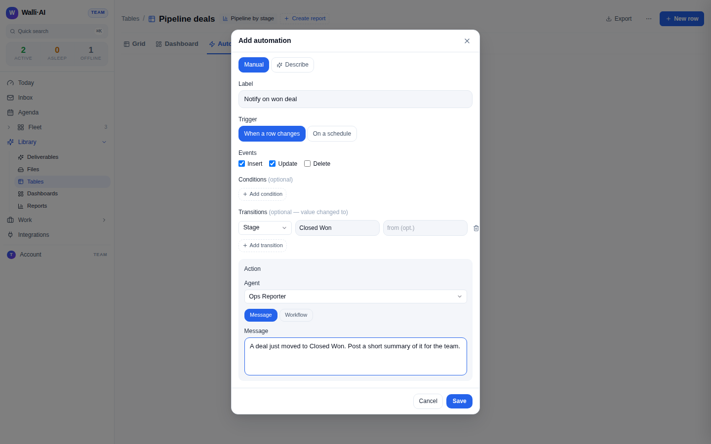 The automation builder configuring a row-change trigger and its action