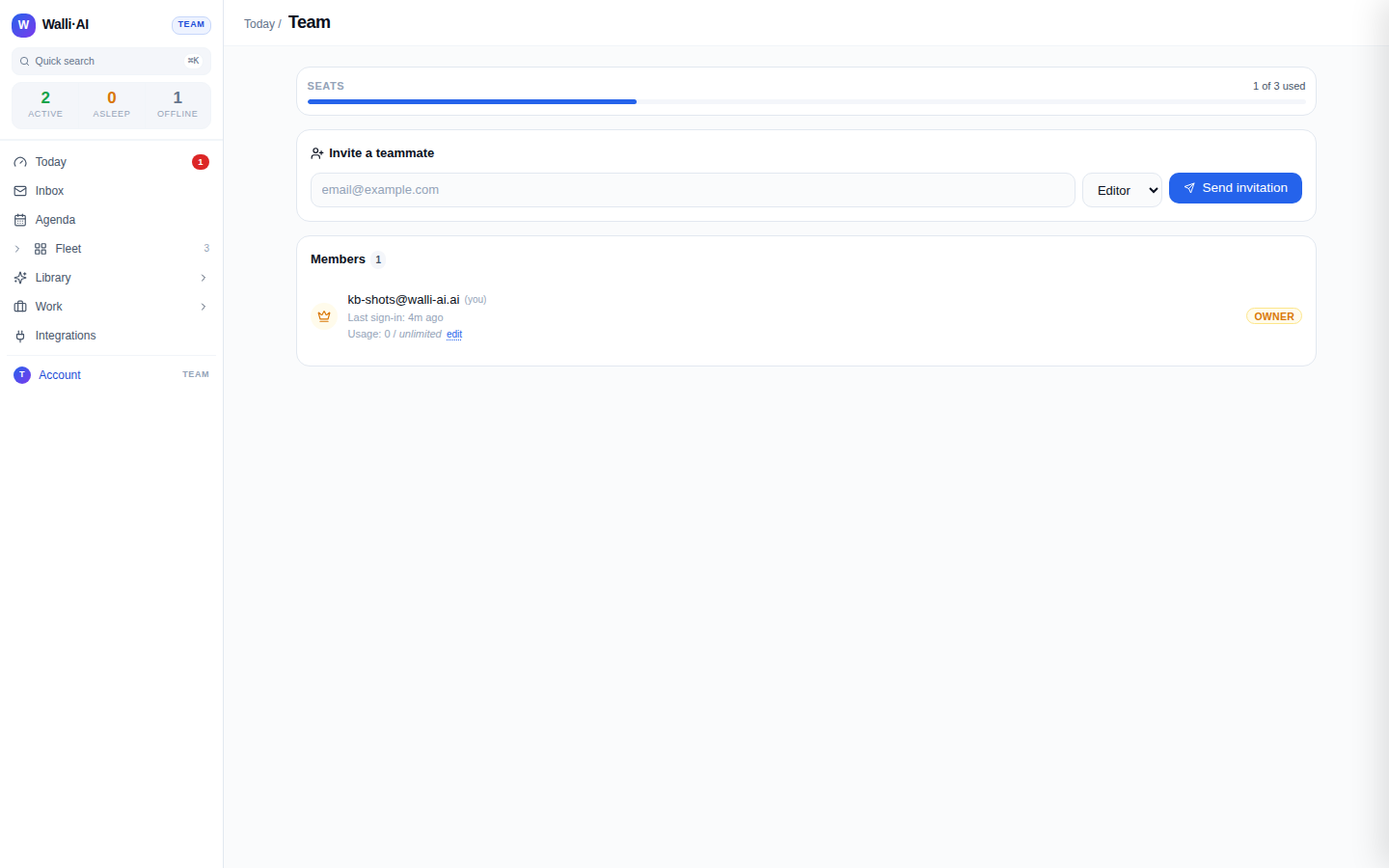 The Team page: seat meter, invite form, and member list