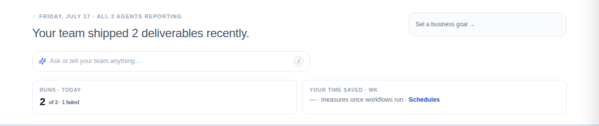 The Today briefing band: headline narrative, command bar, KPI strip, and goal module