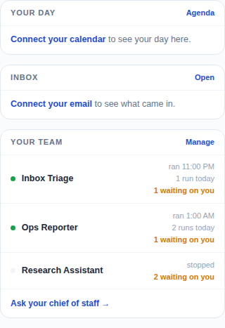 The Today right rail: your day, inbox, and team status