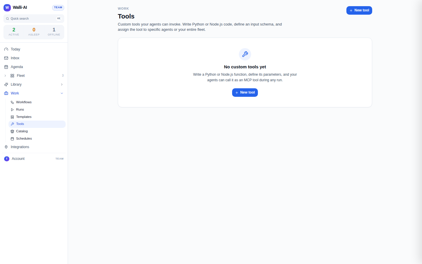 The Tools page, shown with no custom tools yet, and the New tool action