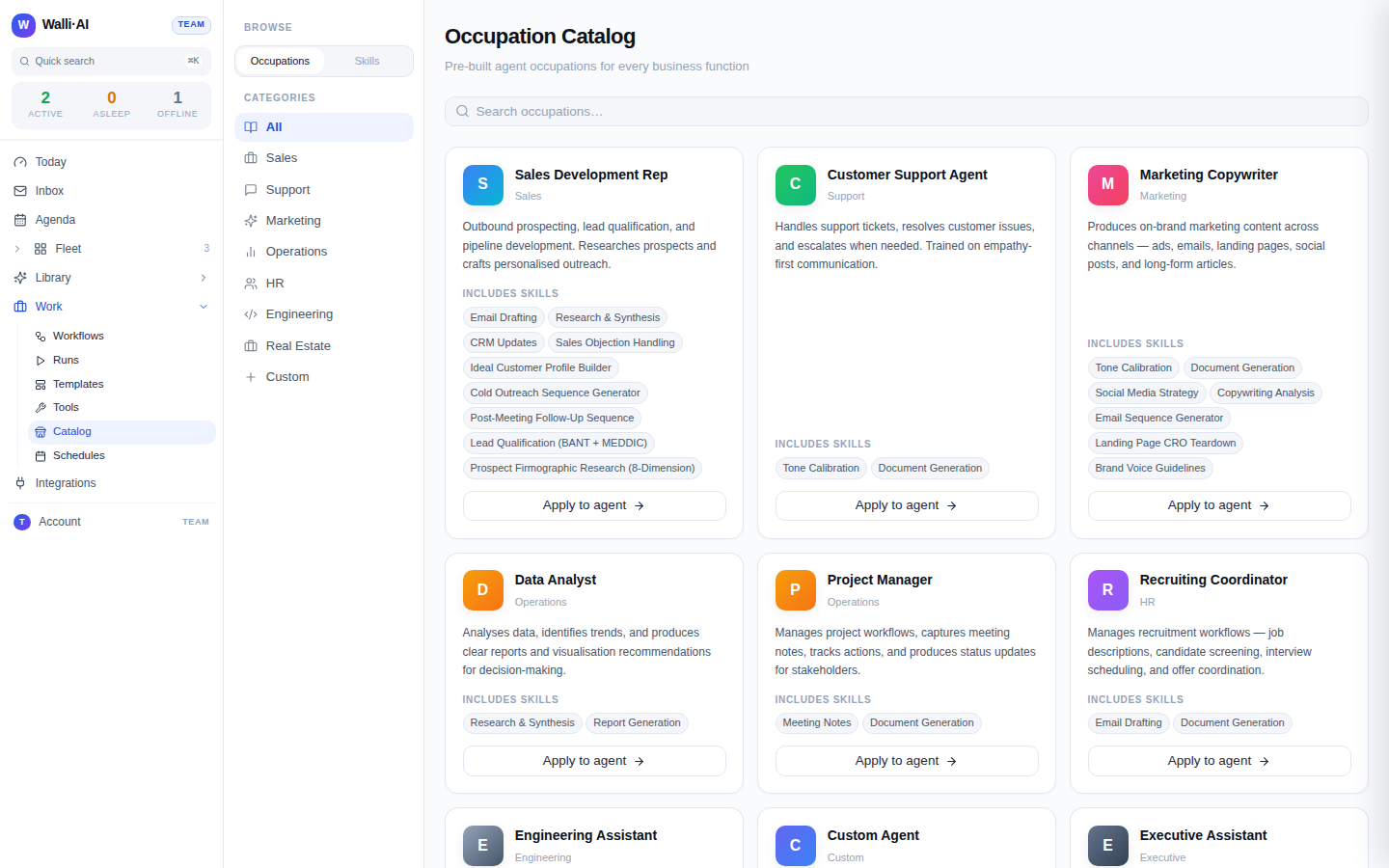 The Catalog occupations view with cards and Apply to agent