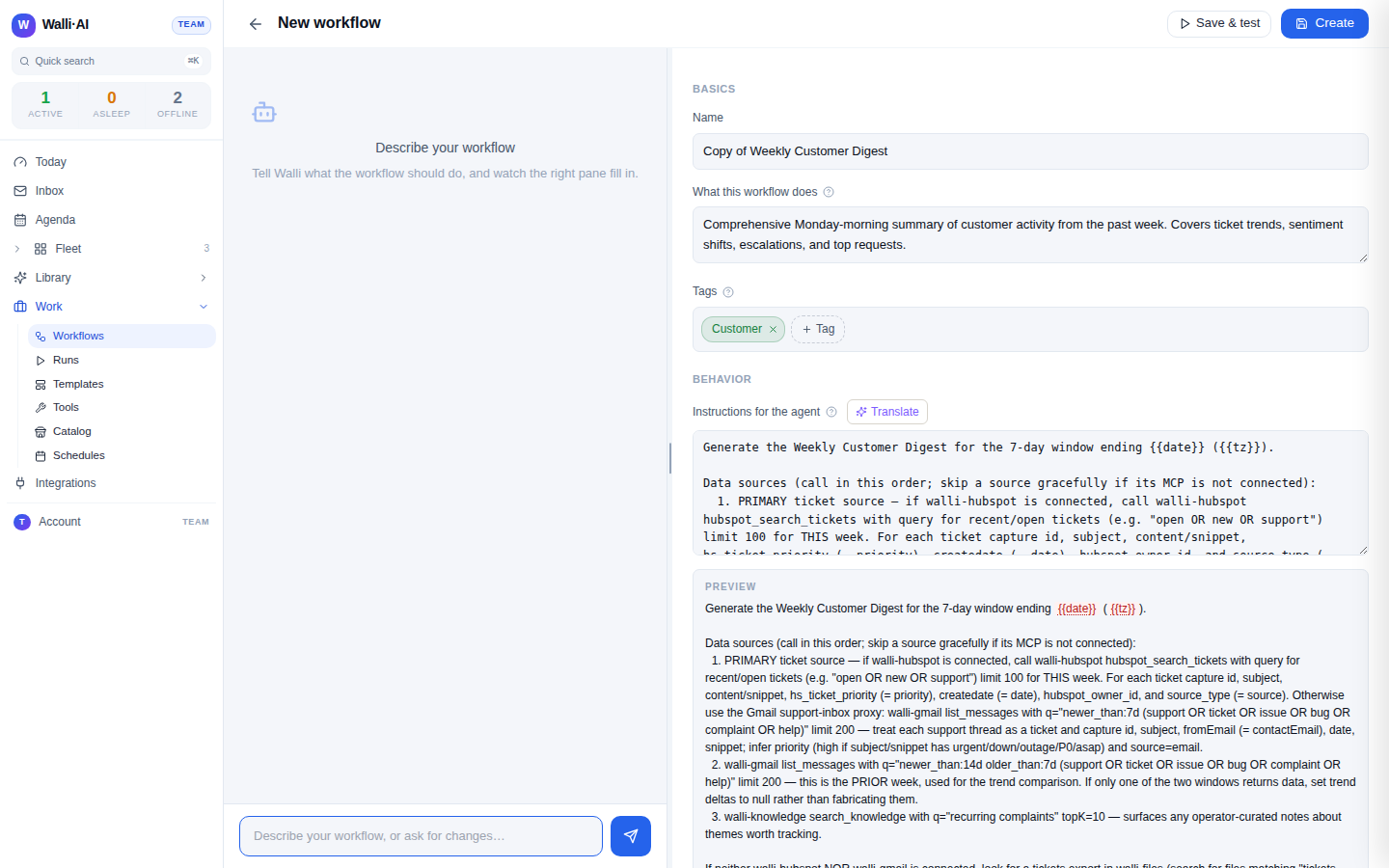 The workflow editor pre-seeded from a template, ready to customize