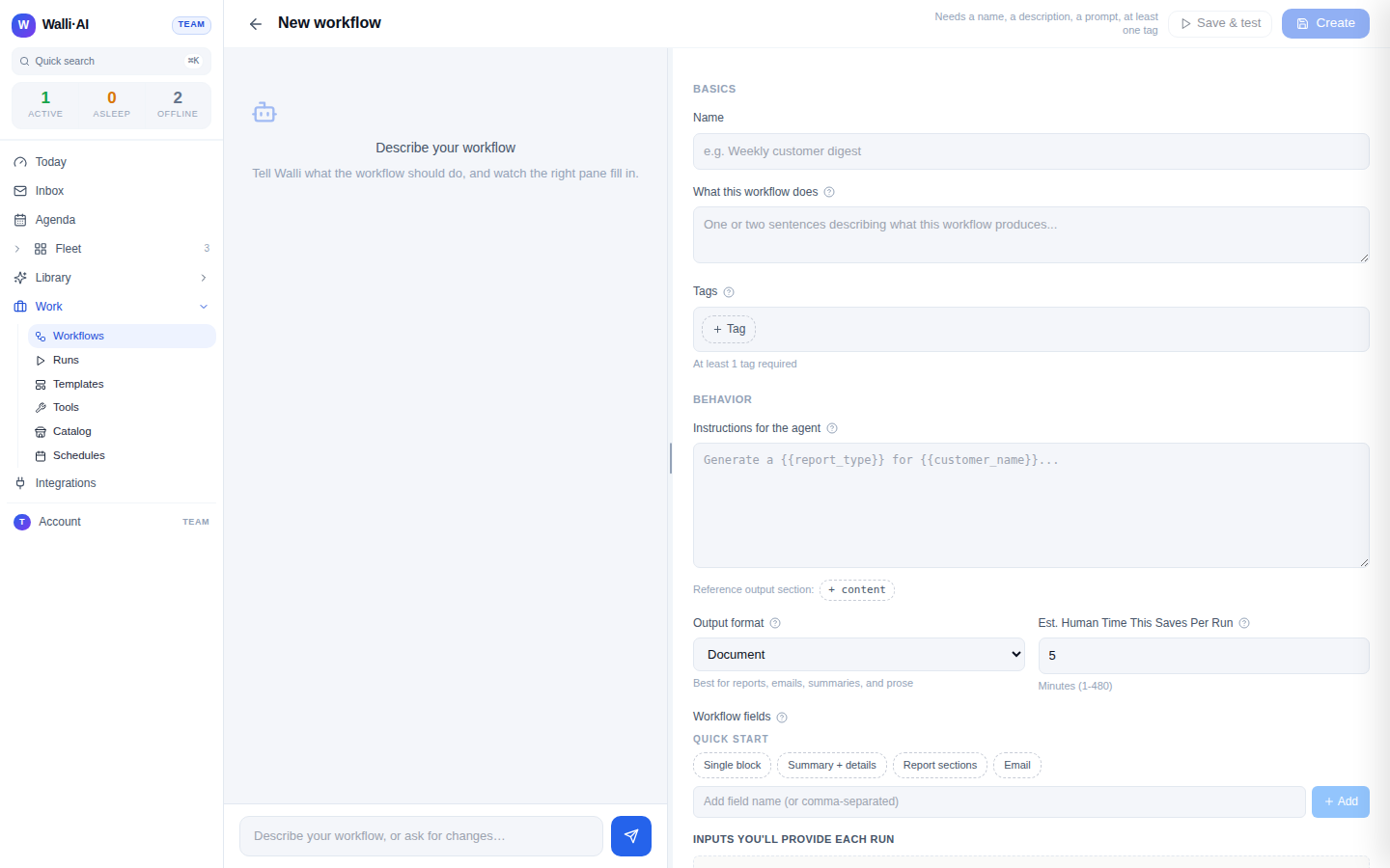 The workflow builder: conversational pane on the left, the editor form on the right