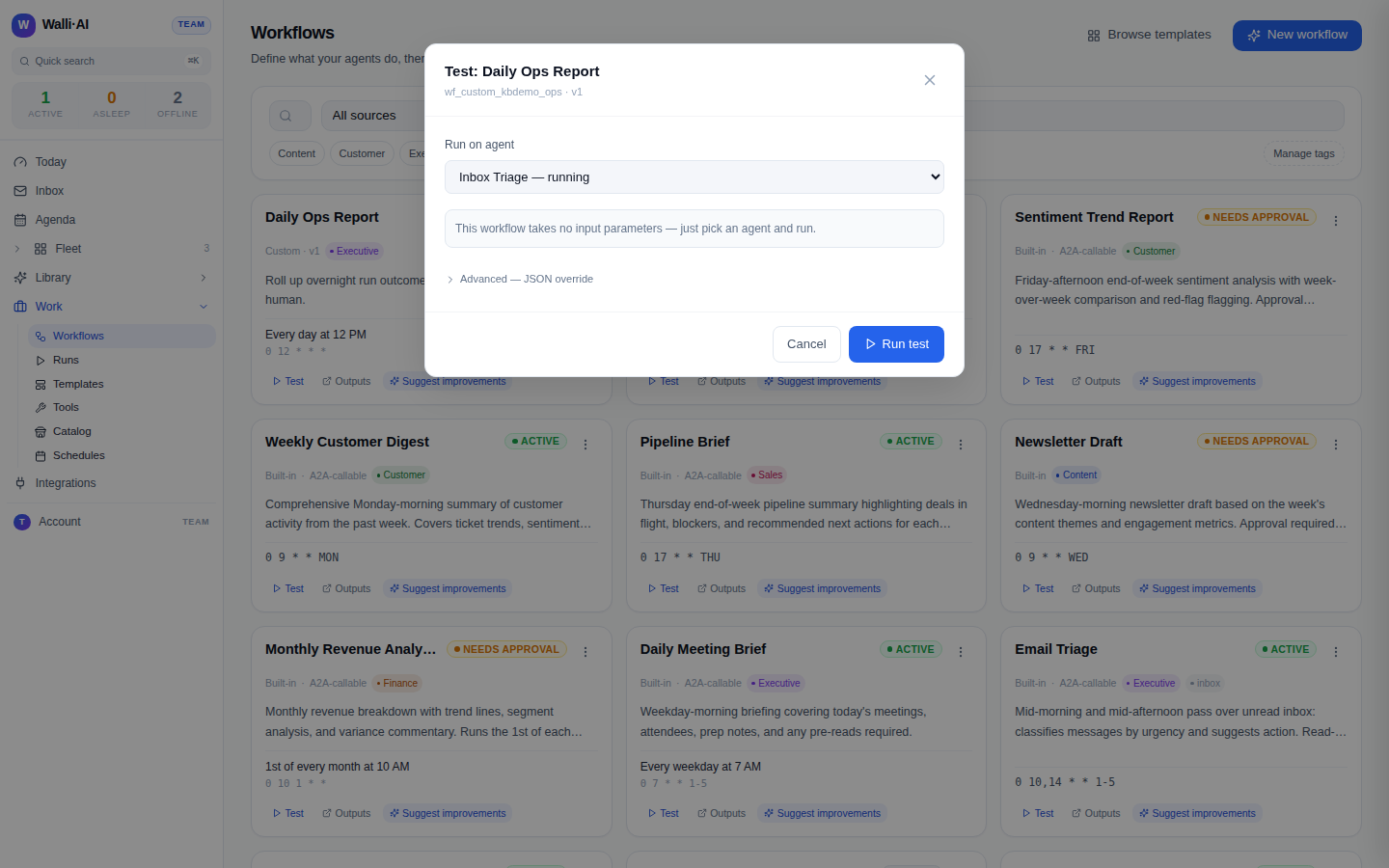 Testing a workflow: pick an agent, fill inputs, run once